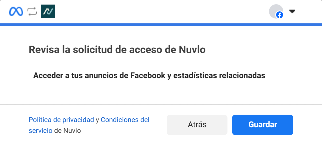 Pantalla de Meta para revisar el acceso de Nuvlo: «Revisa la solicitud de acceso de Nuvlo», con un único permiso, «Acceder a tus anuncios de Facebook y estadísticas relacionadas».